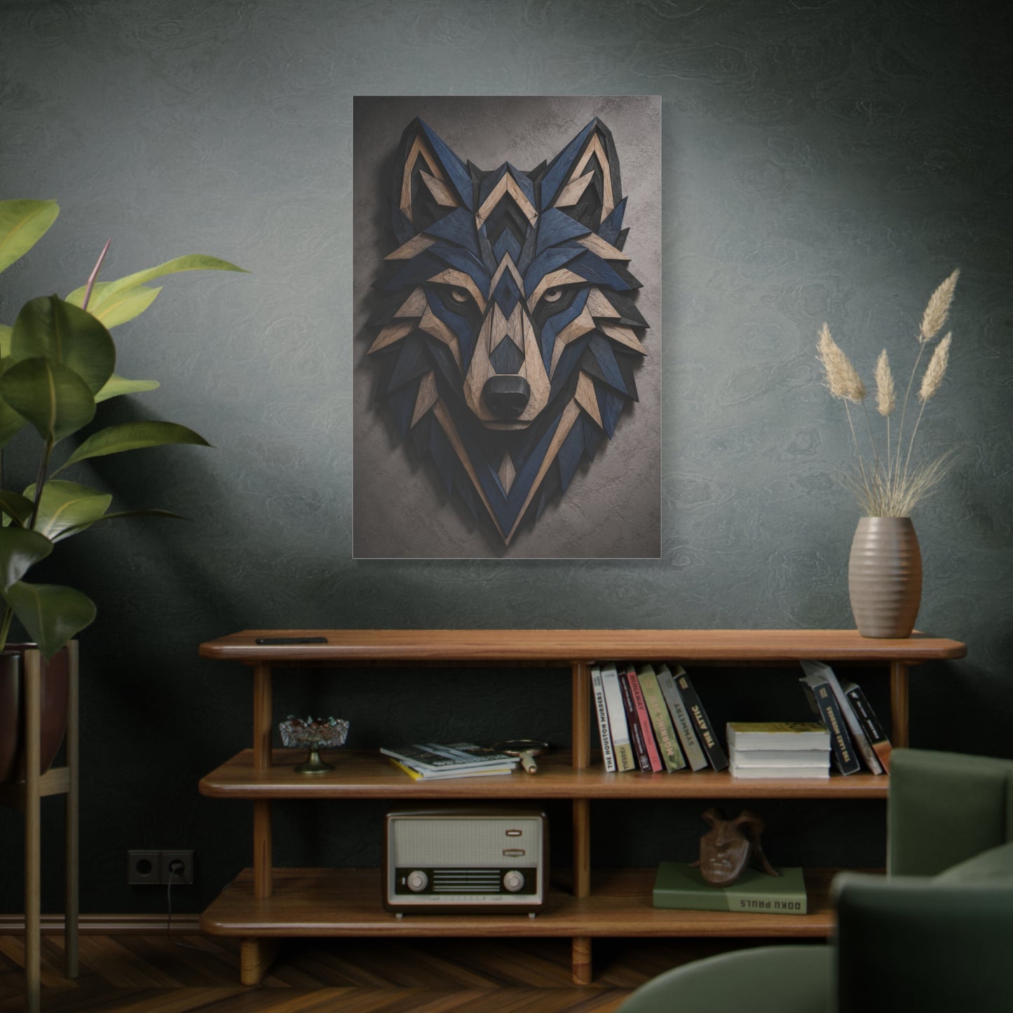 Layered Blue Geometric Wolf Head Sculpture Wall Art & Canvas Print