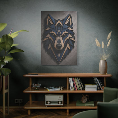 Layered Blue Geometric Wolf Head Sculpture Wall Art & Canvas Print