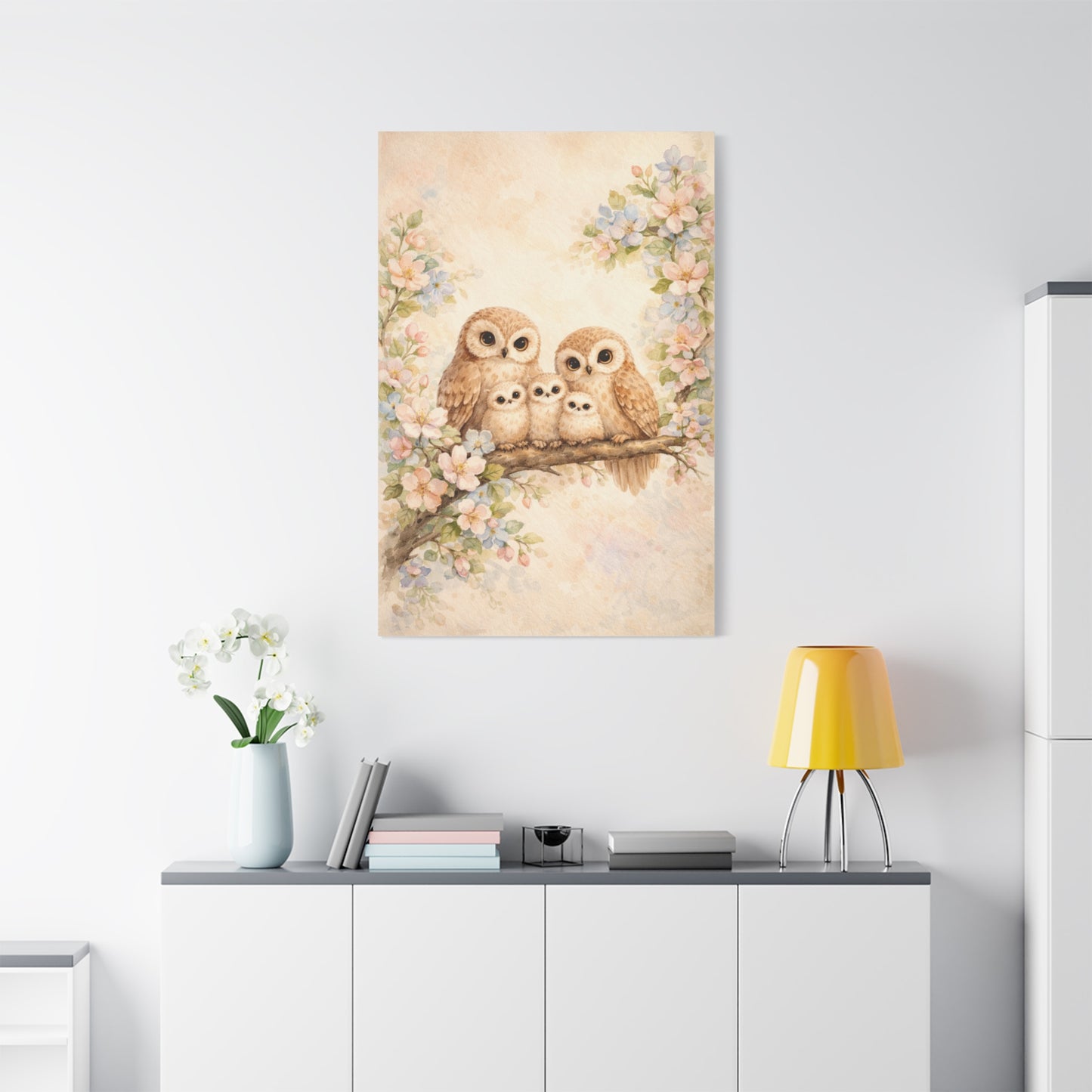 Whimsical Owl Family Blossom Scene Wall Art & Canvas Print