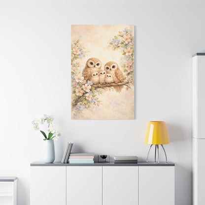 Whimsical Owl Family Blossom Scene Wall Art & Canvas Print