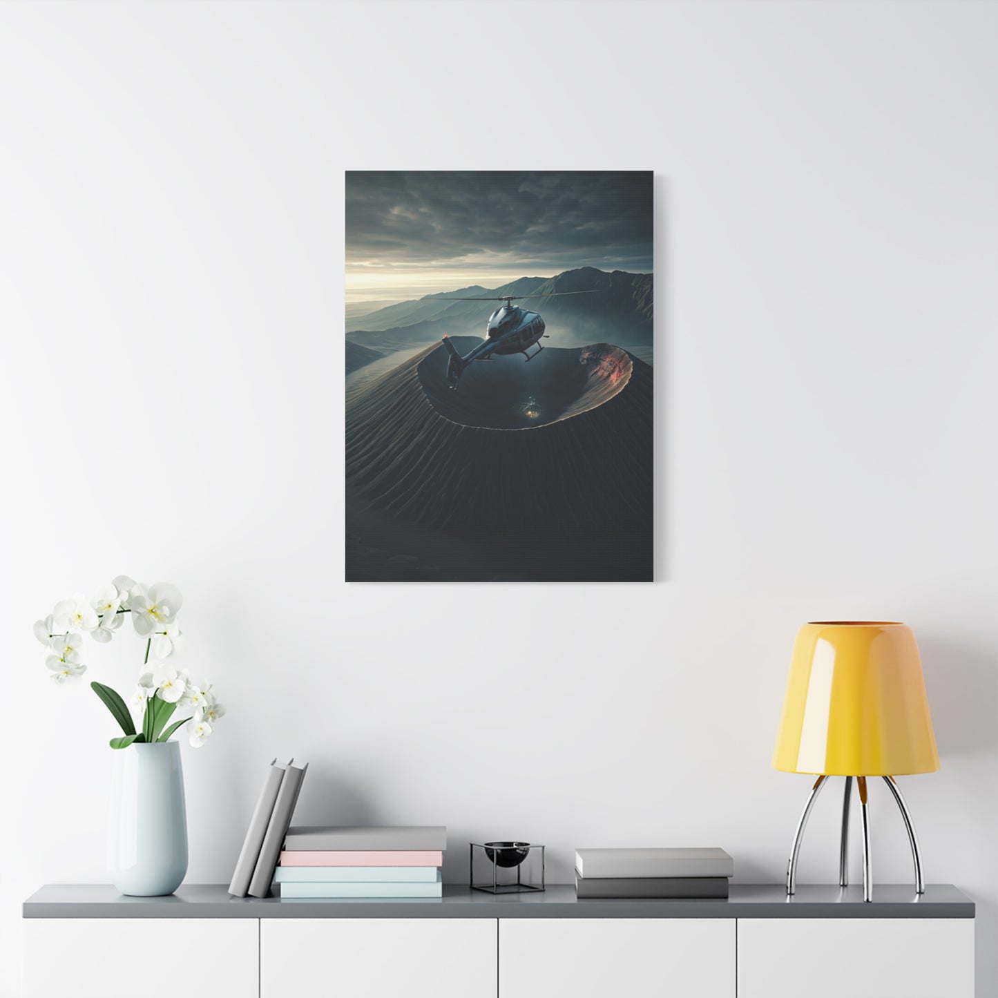 Helicopter Over Volcano Crater Wall Art & Canvas Prints