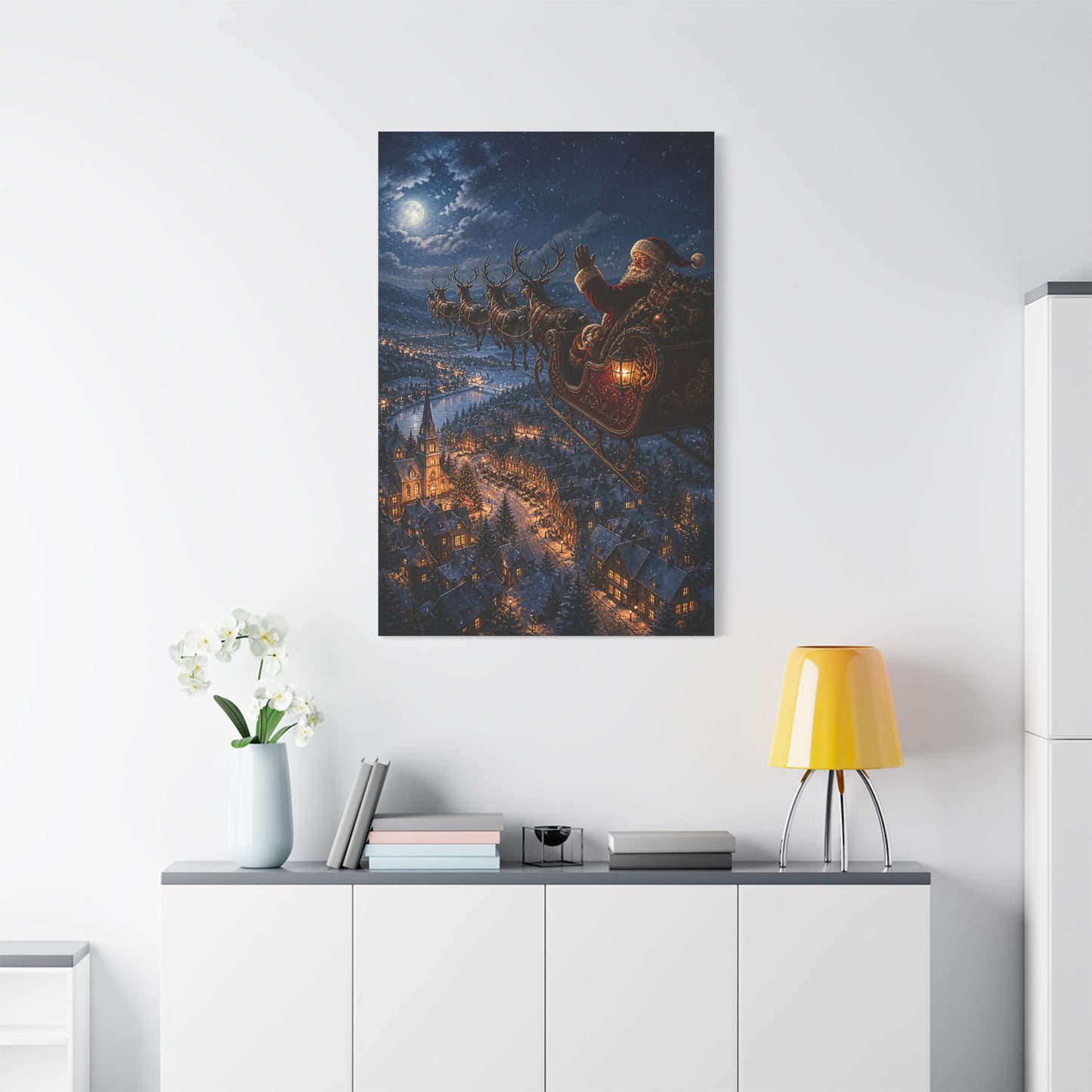 Santa Sleigh Flight Over Snowy Village Wall Art & Canvas Print