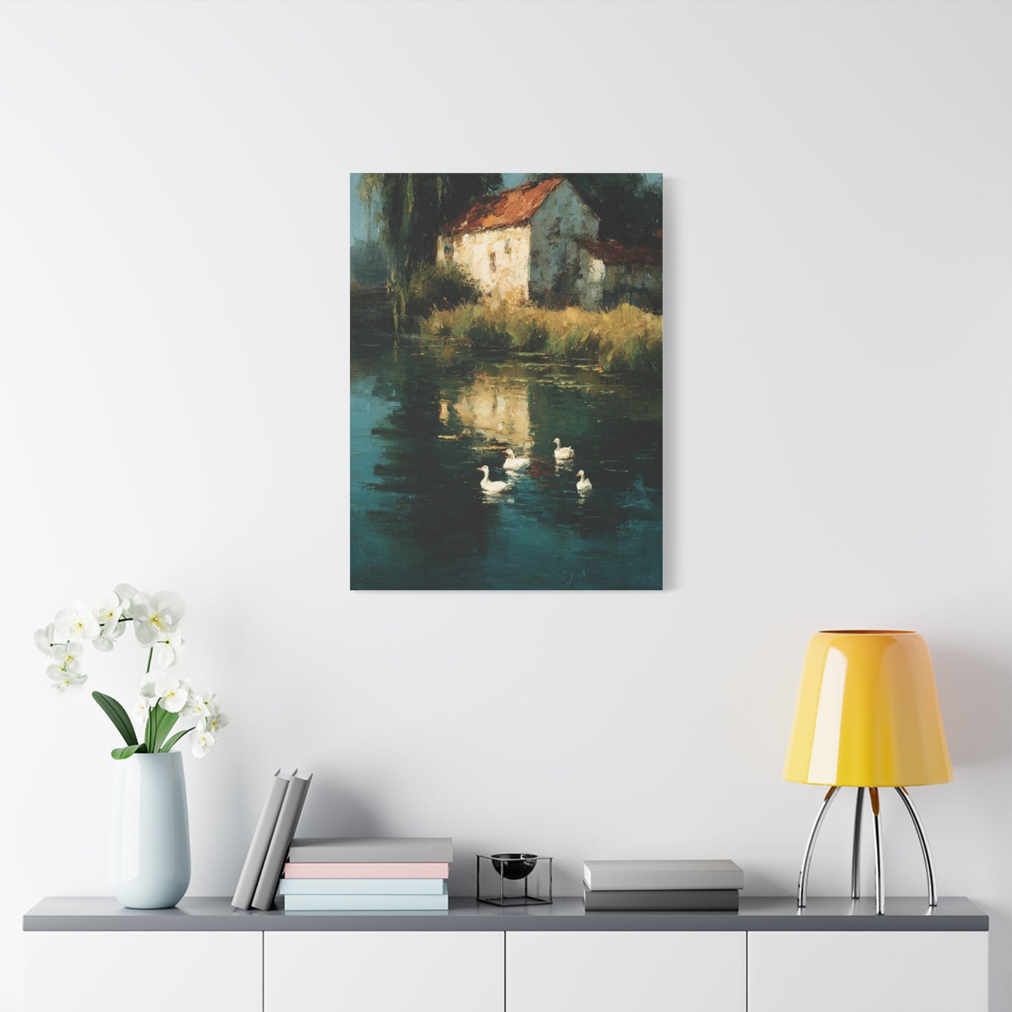 Farmhouse Pond with Ducks Reflection Wall Art & Canvas Print