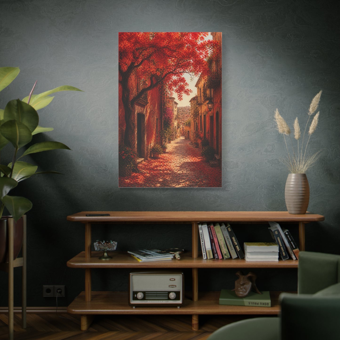 Autumn Red Blossom Street Scene Wall Art & Canvas Print