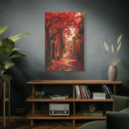 Autumn Red Blossom Street Scene Wall Art & Canvas Print