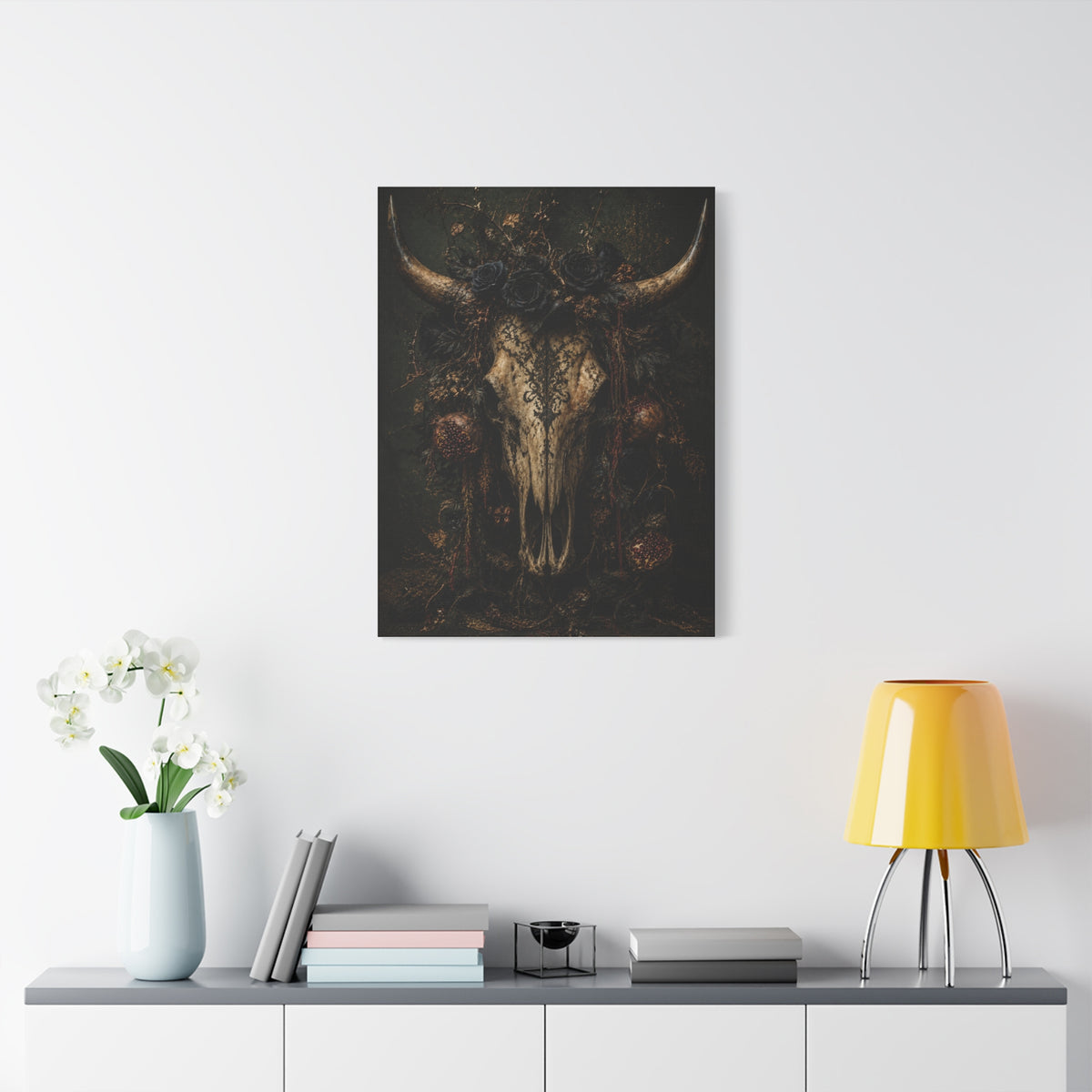 Dark Floral Longhorn Skull Statement Wall Art & Canvas Print