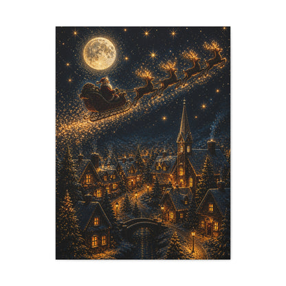 Moonlit Santa Sleigh Over Winter Village Wall Art & Canvas Print