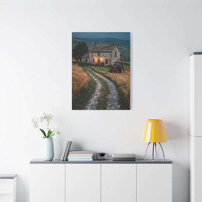 Stone Farmhouse with Red Tractor Landscape Wall Art & Canvas Print