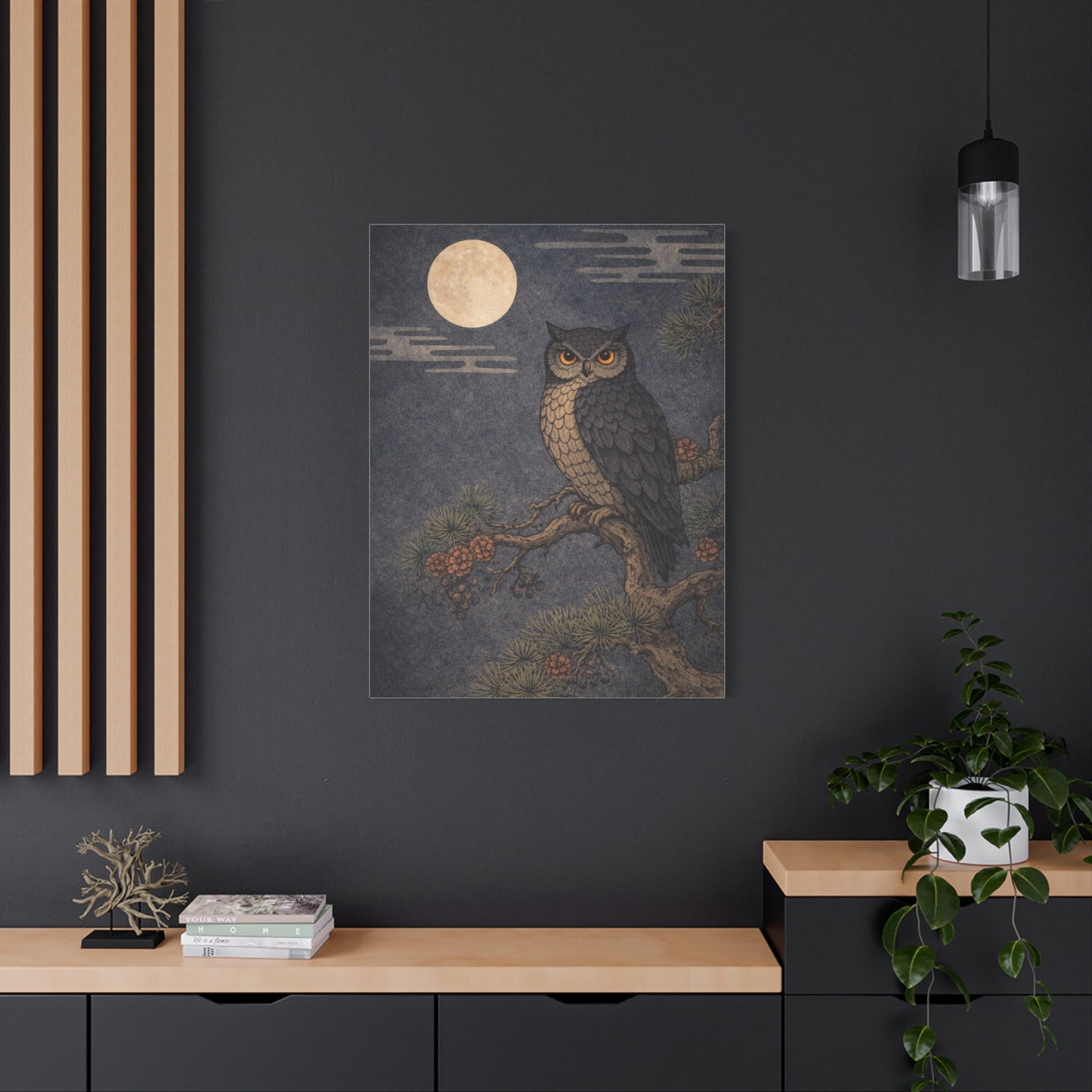 Nocturnal Pine Branch Owl Illustration Wall Art & Canvas Print