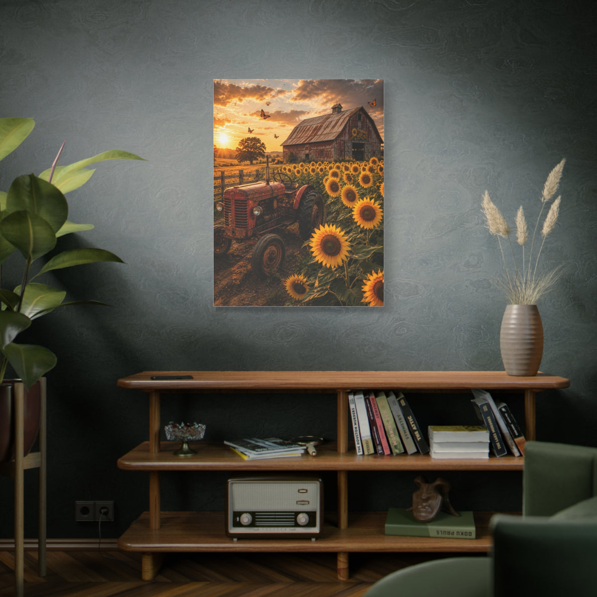 Rustic Farmhouse Sunflower Field Tractor Wall Art & Canvas Print
