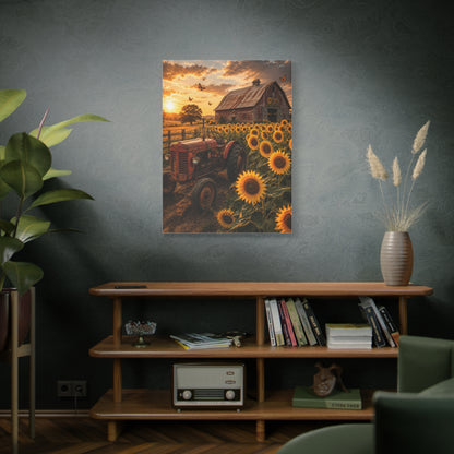 Rustic Farmhouse Sunflower Field Tractor Wall Art & Canvas Print