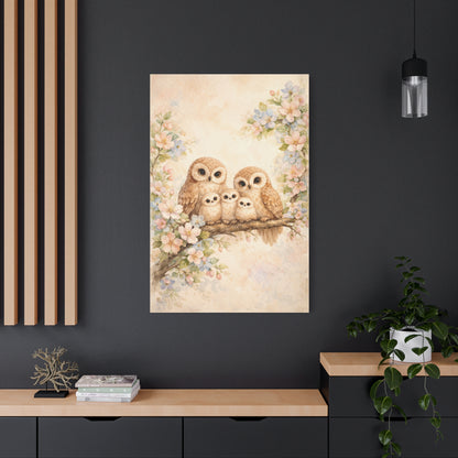 Whimsical Owl Family Blossom Scene Wall Art & Canvas Print