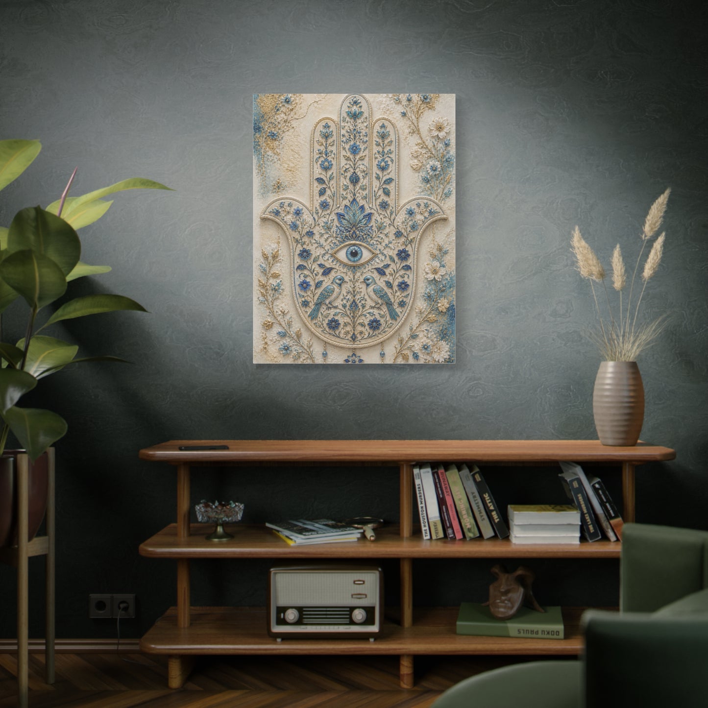 Blue Floral Hamsa Sacred Symbol Wall Art & Canvas Print