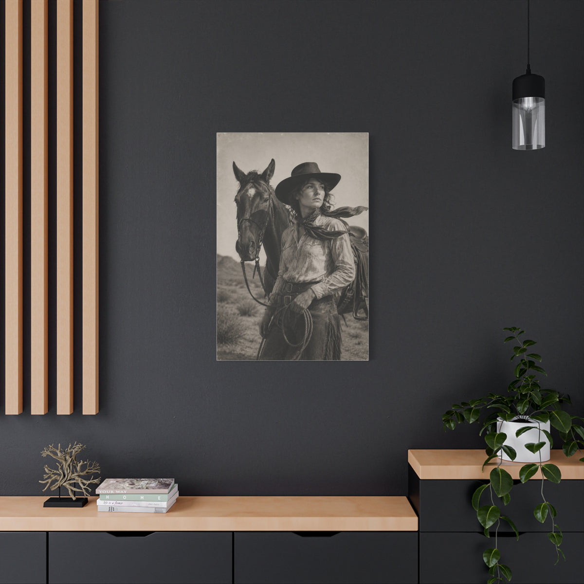 Black & White Cowgirl Portrait with Horse Wall Art & Canvas Print