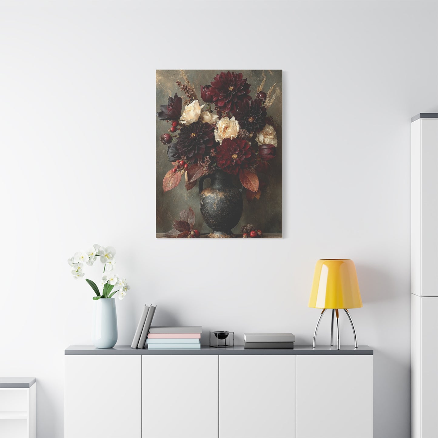 Burgundy Dahlia Autumn Floral Still Life Wall Art & Canvas Print