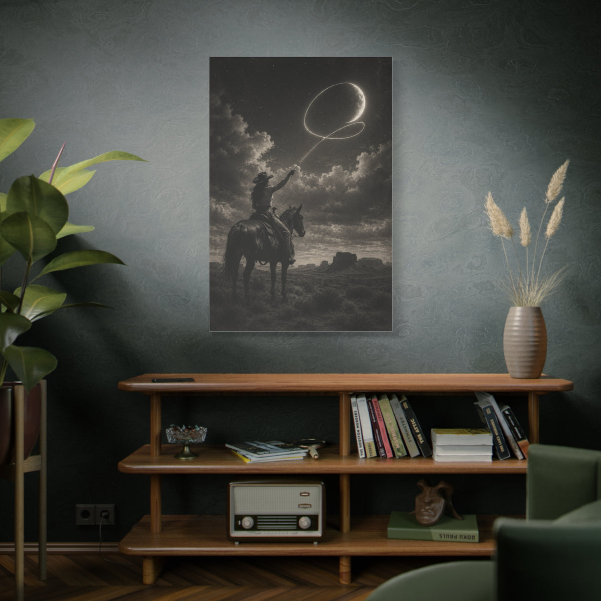 Cowgirl Moon Lasso Silhouette Scene Wall Art & Canvas Print