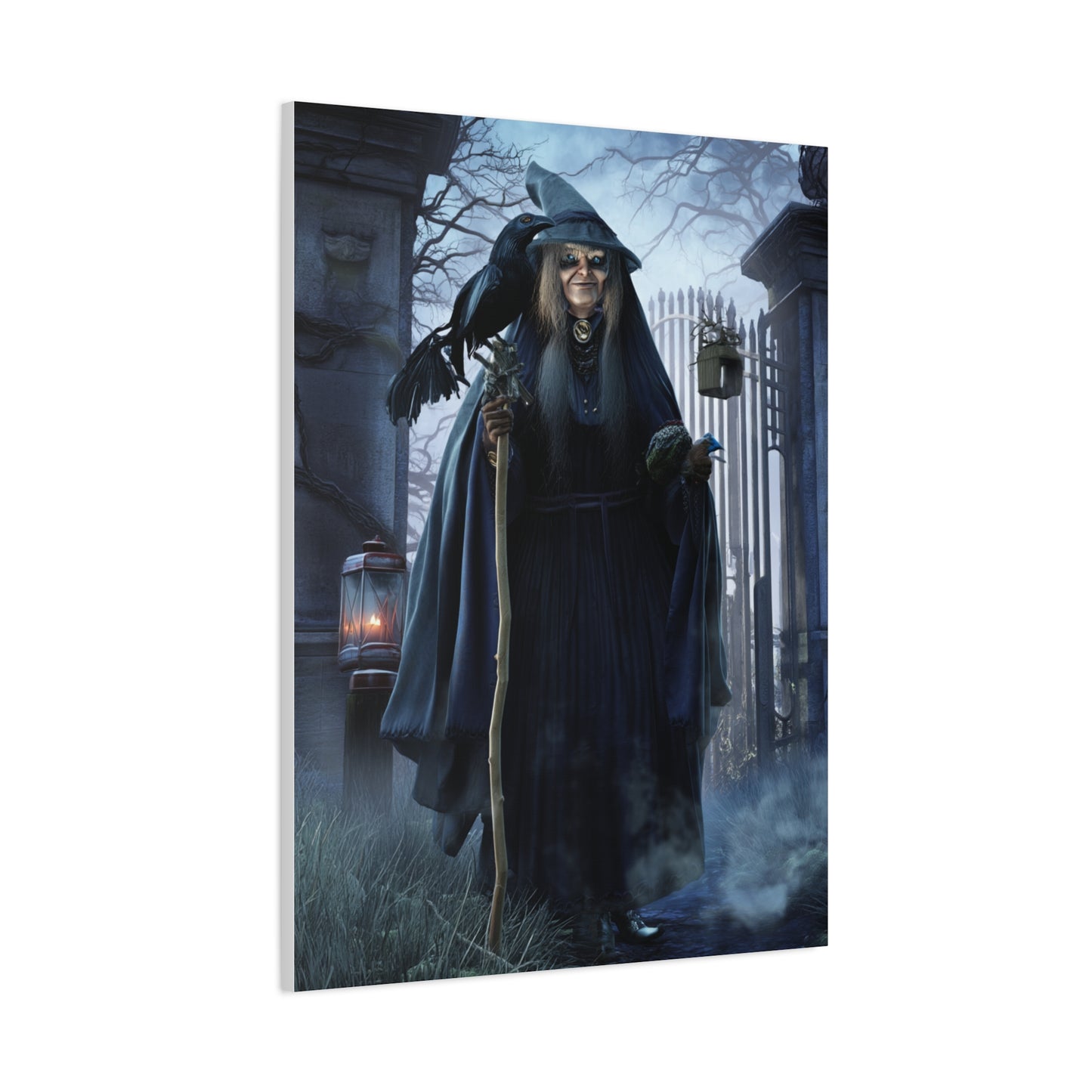 Witch with Raven at the Moonlit Cemetery Gate Wall Art & Canvas Print