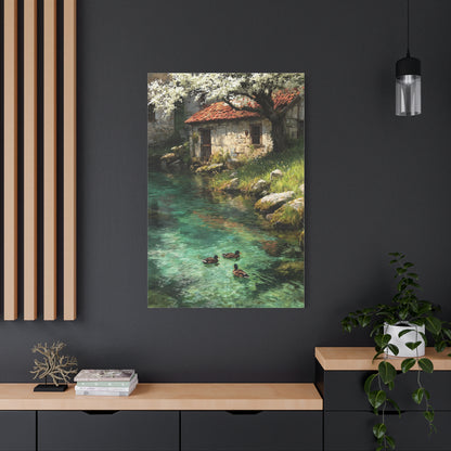 Spring Farmhouse Stream Scene Wall Art & Canvas Print