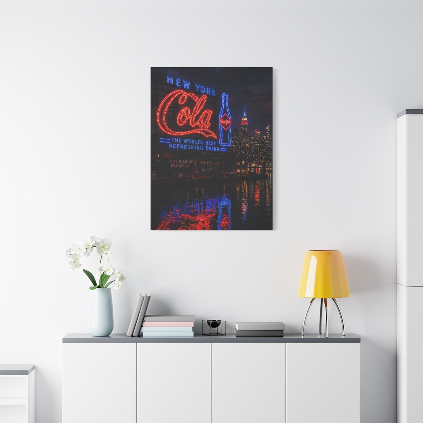 Neon Waterfront Skyline Cola Sign Wall Art & Canvas Print