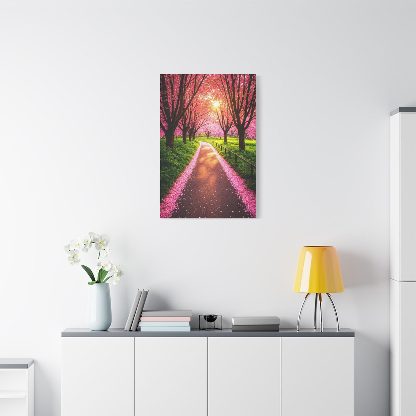 Sakura Forest Path With Sunlight Rays Wall Art & Canvas Prints