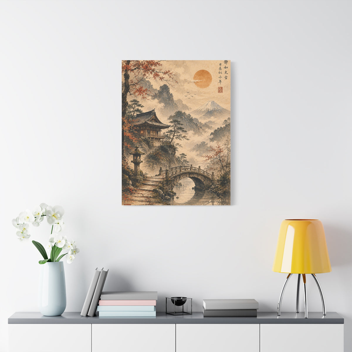 Kyoto Temple Bridge Mist Landscape Wall Art & Canvas Print