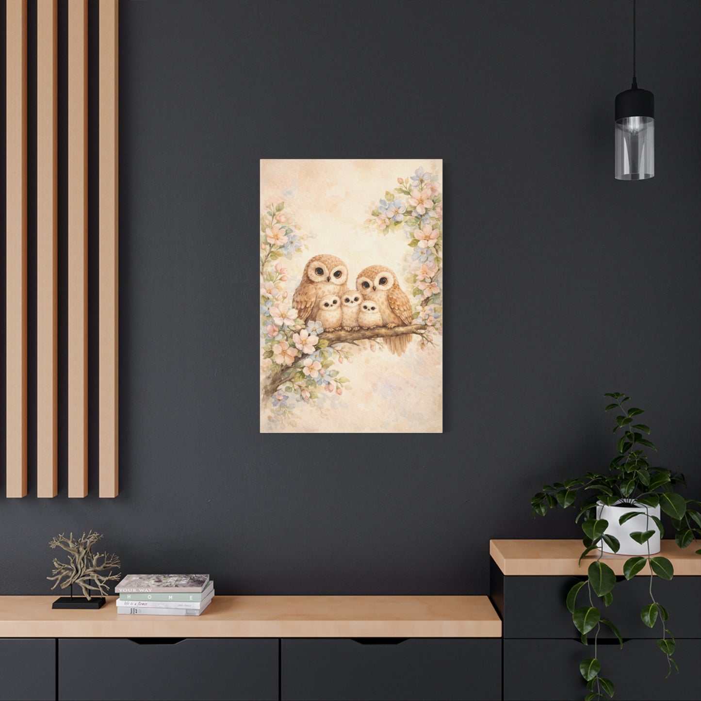 Whimsical Owl Family Blossom Scene Wall Art & Canvas Print