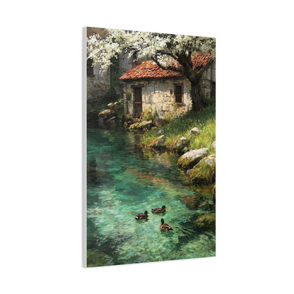 Spring Farmhouse Stream Scene Wall Art & Canvas Print