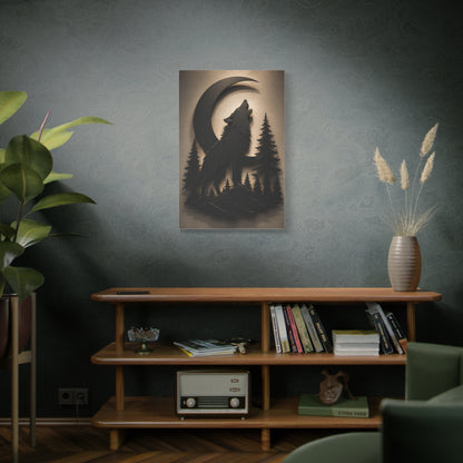 Matte Black Howling Wolf Moon Silhouette Wall Art & Canvas Print