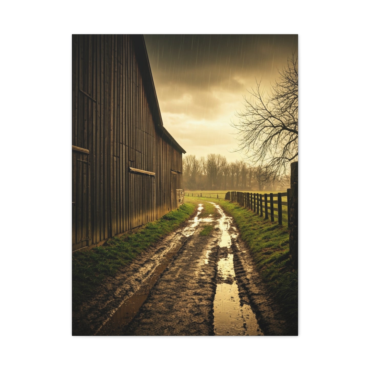 Rain-Soaked Farm Road Beside the Barn Wall Art & Canvas Prints