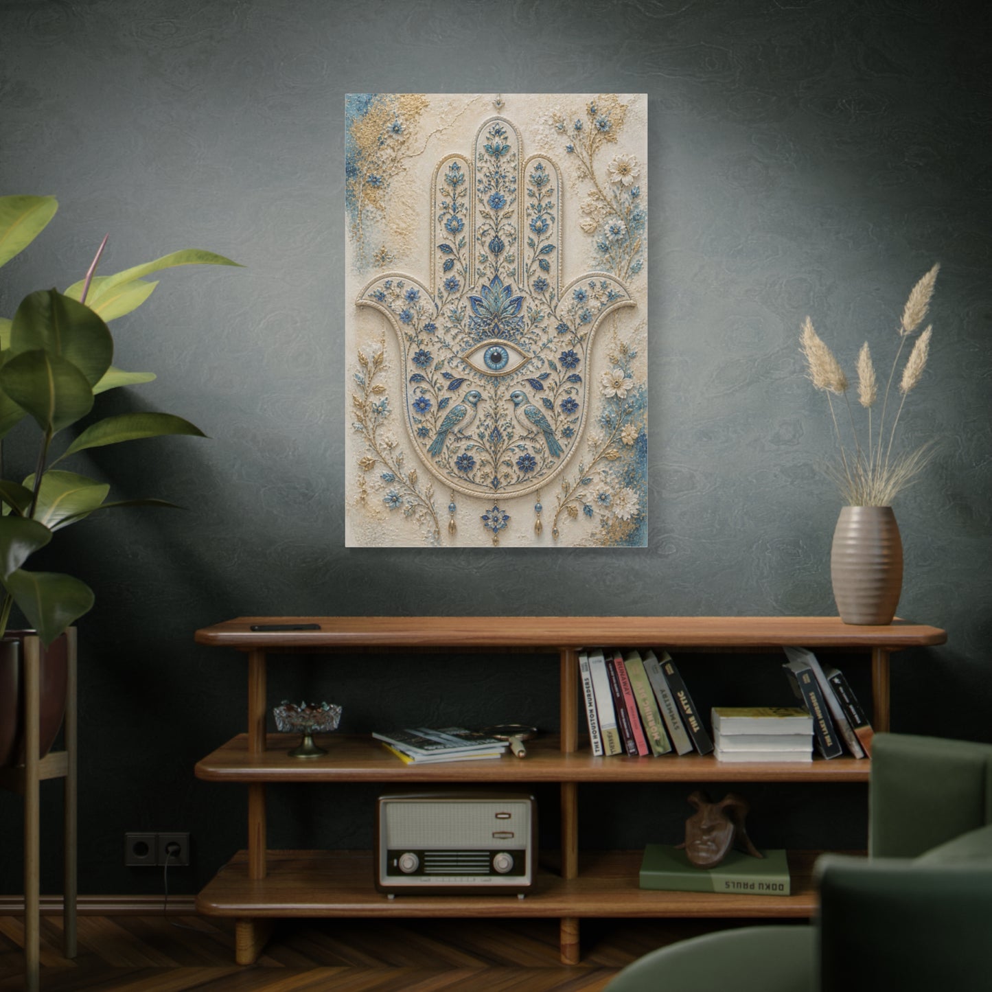 Blue Floral Hamsa Sacred Symbol Wall Art & Canvas Print