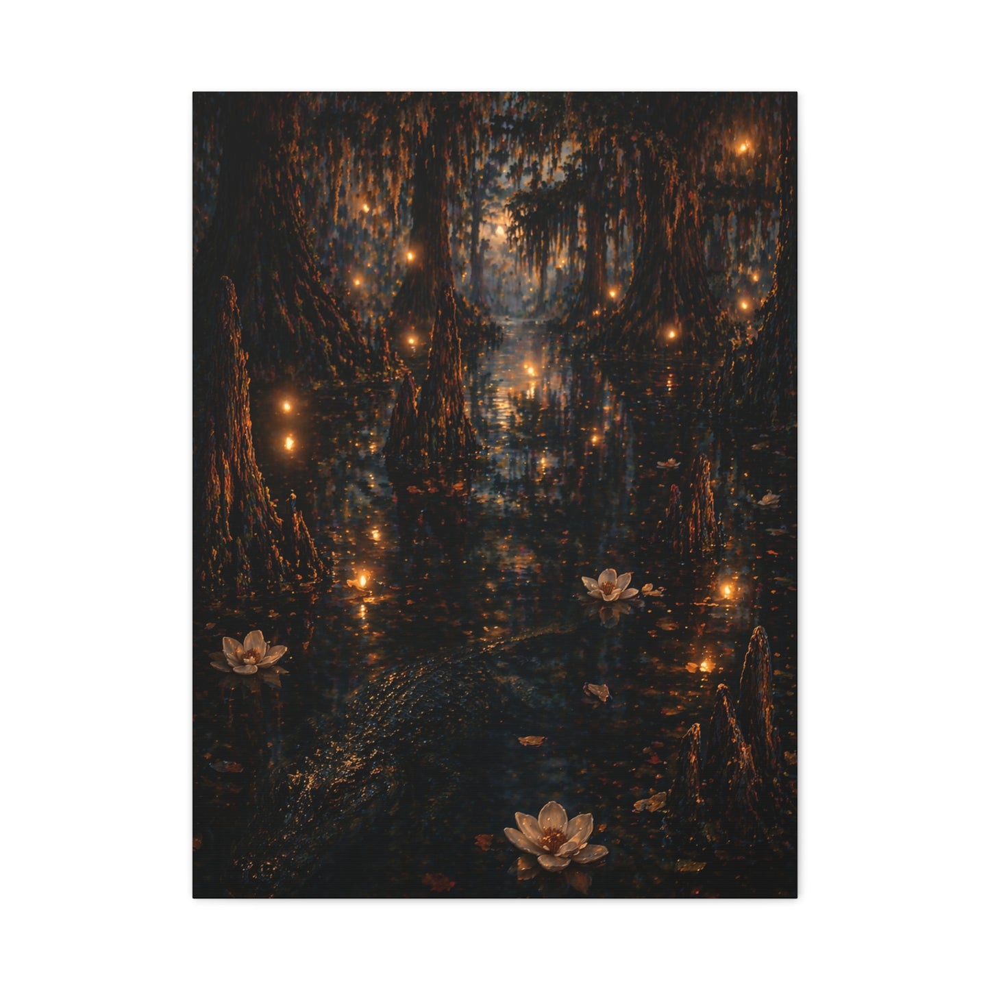 Moonlit Bayou Firefly Scene Wall Art & Canvas Print