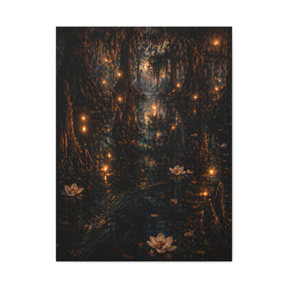 Moonlit Bayou Firefly Scene Wall Art & Canvas Print