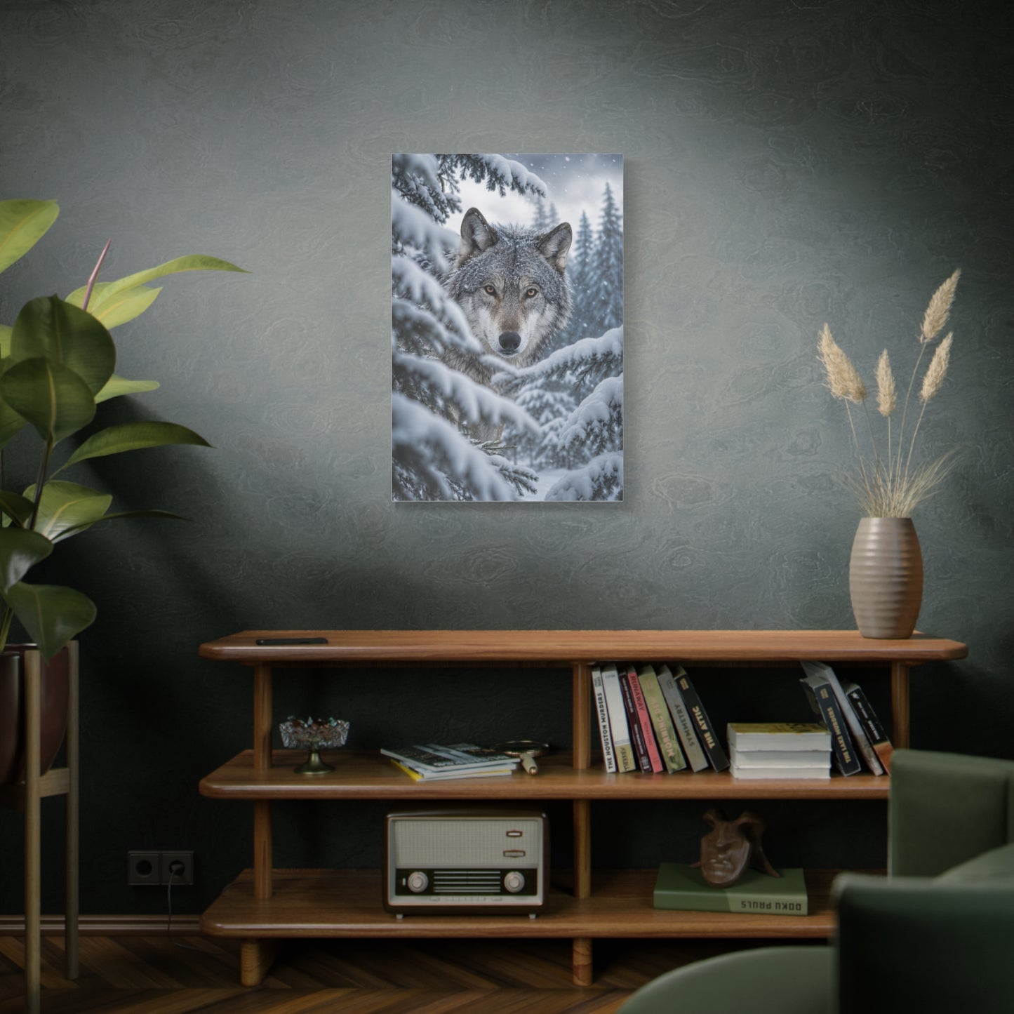 Snow-Covered Pine Wolf Close Portrait Wall Art & Canvas Print