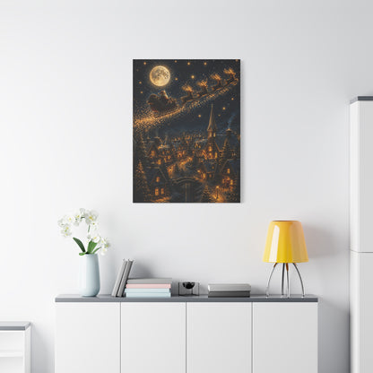 Moonlit Santa Sleigh Over Winter Village Wall Art & Canvas Print