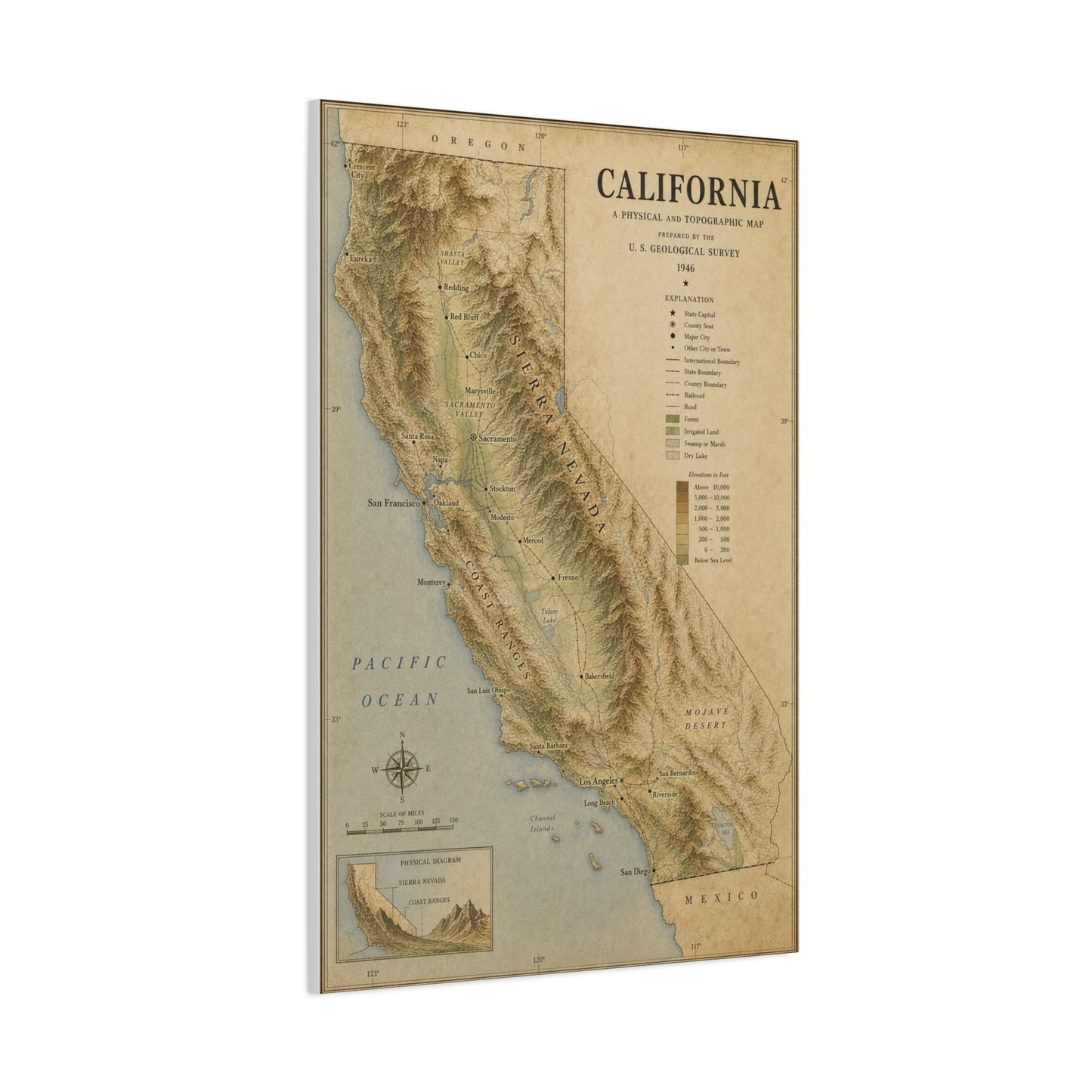 Vintage California Topographic Map Wall Art & Canvas Print