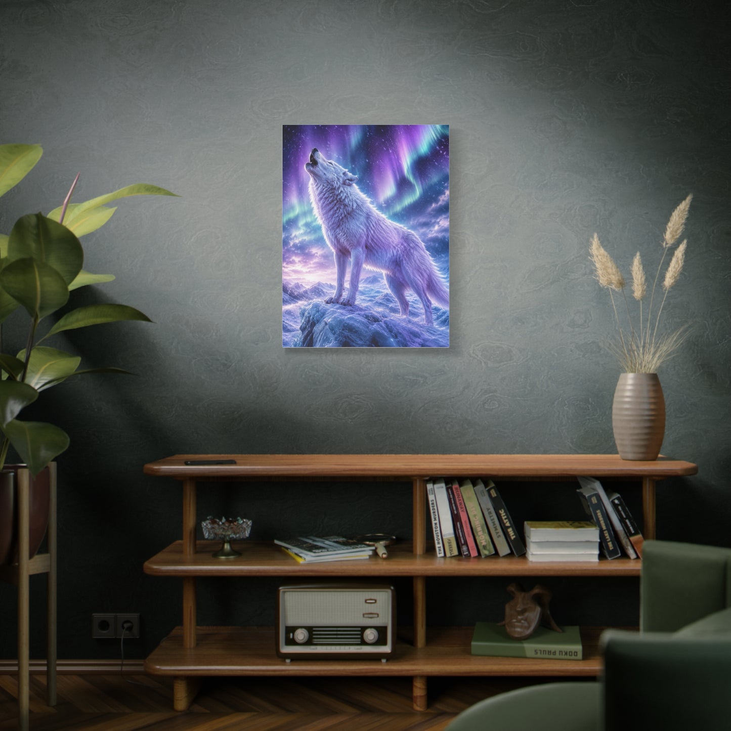 Aurora Night White Wolf Howling Scene Wall Art & Canvas Print