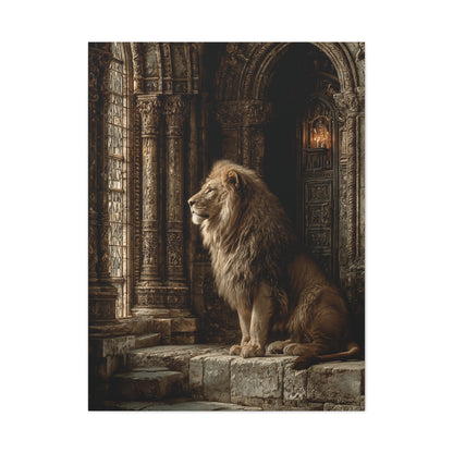 Lion in Ancient Stone Hall Royal Guardian Wall Art & Canvas Print