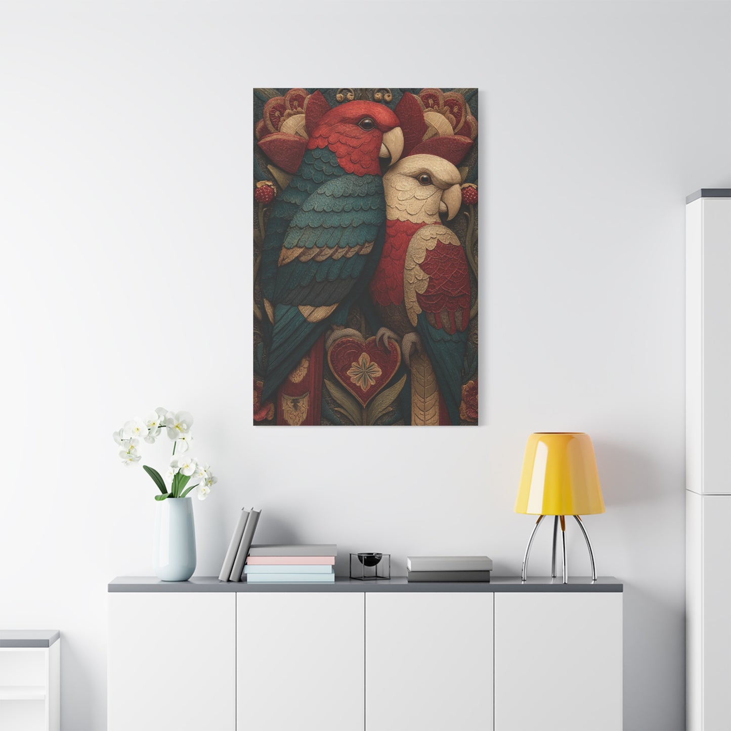 Fraktur Lovebirds Folk Ornament Wall Art & Canvas Print