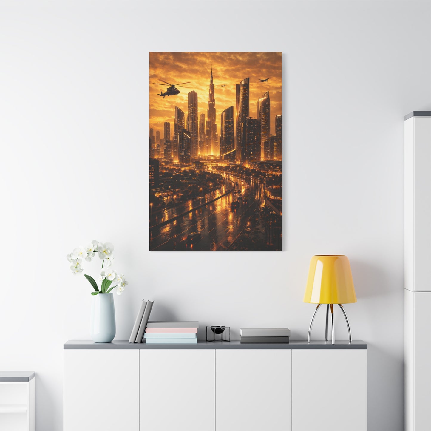 Golden Futuristic Cityscape Wall Art & Canvas Print