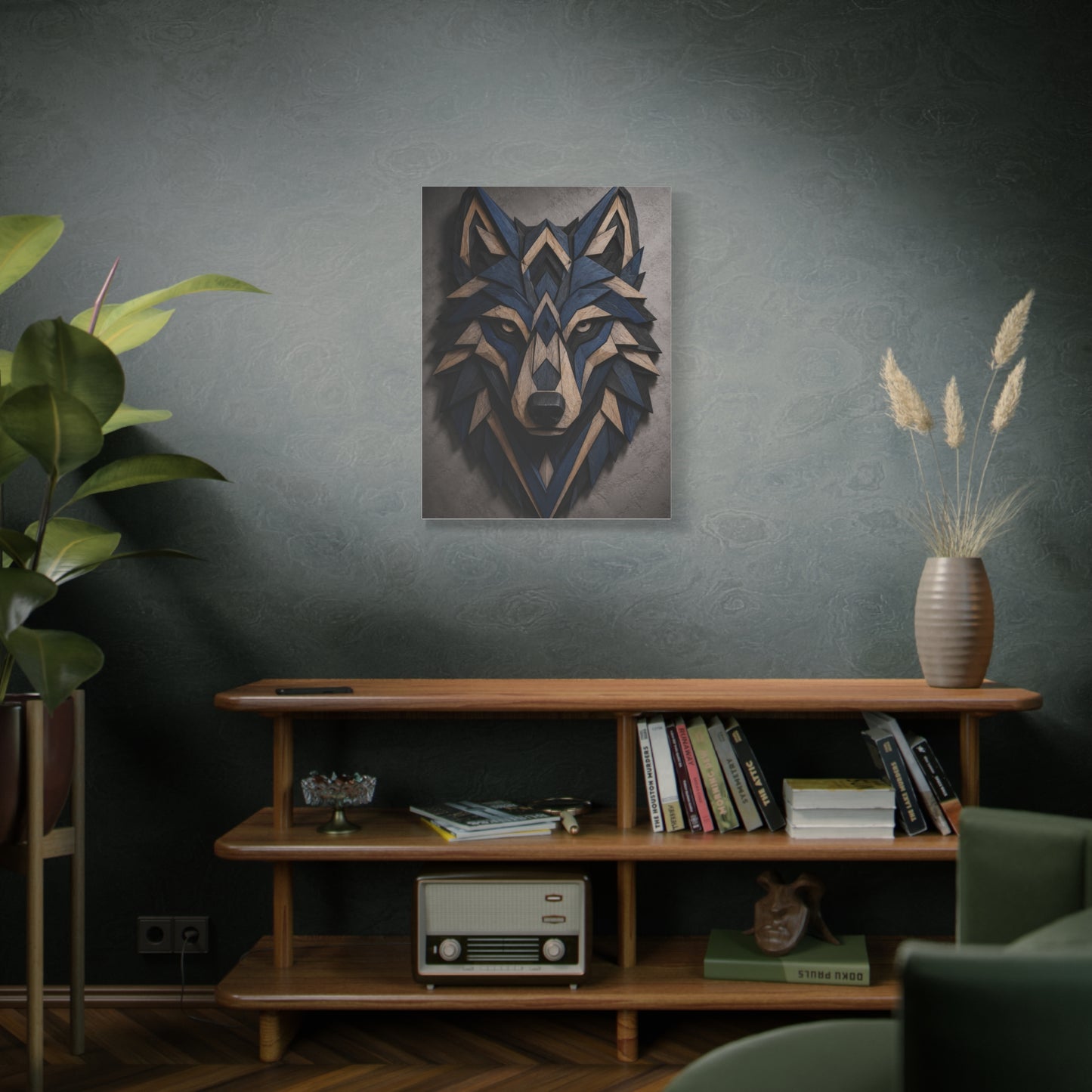 Layered Blue Geometric Wolf Head Sculpture Wall Art & Canvas Print