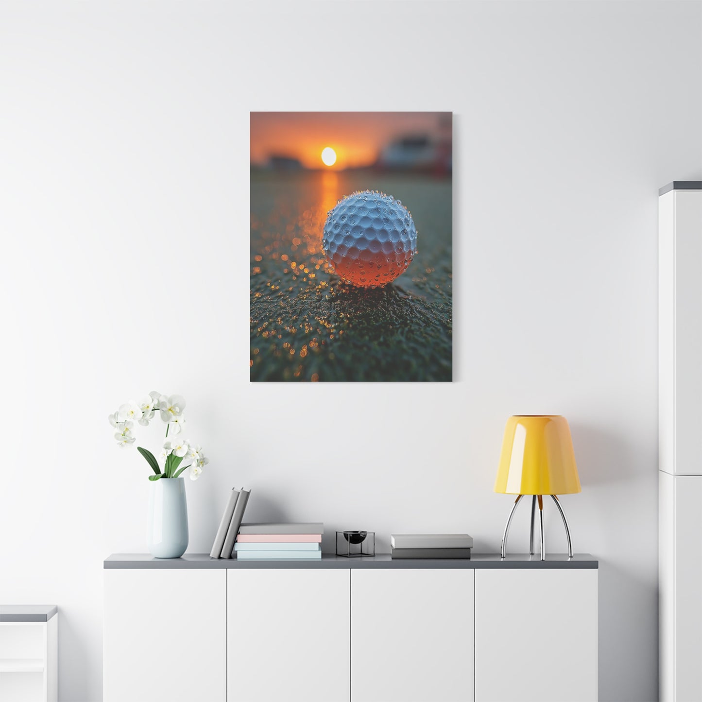 Dew-Covered Golf Ball Sunrise Macro Wall Art & Canvas Print