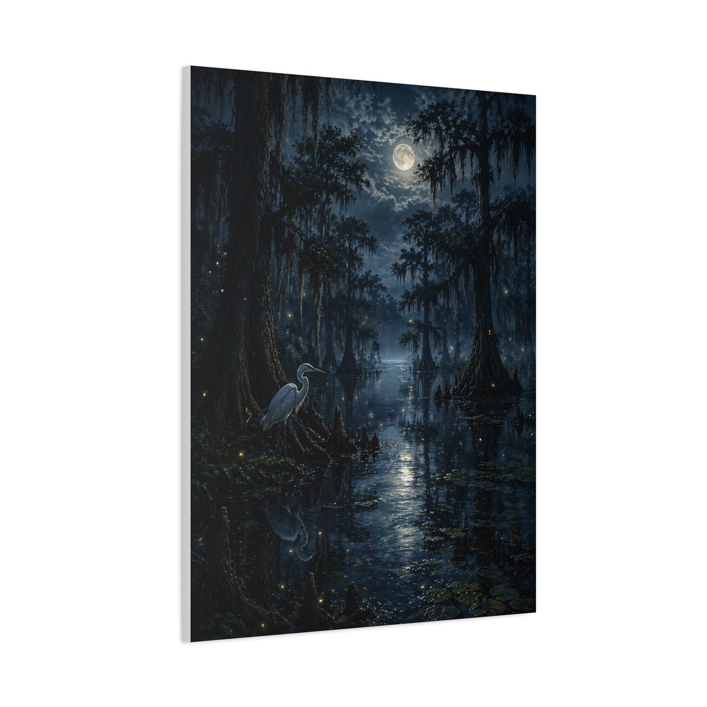 Moonlit Bayou Heron Scene Wall Art & Canvas Print