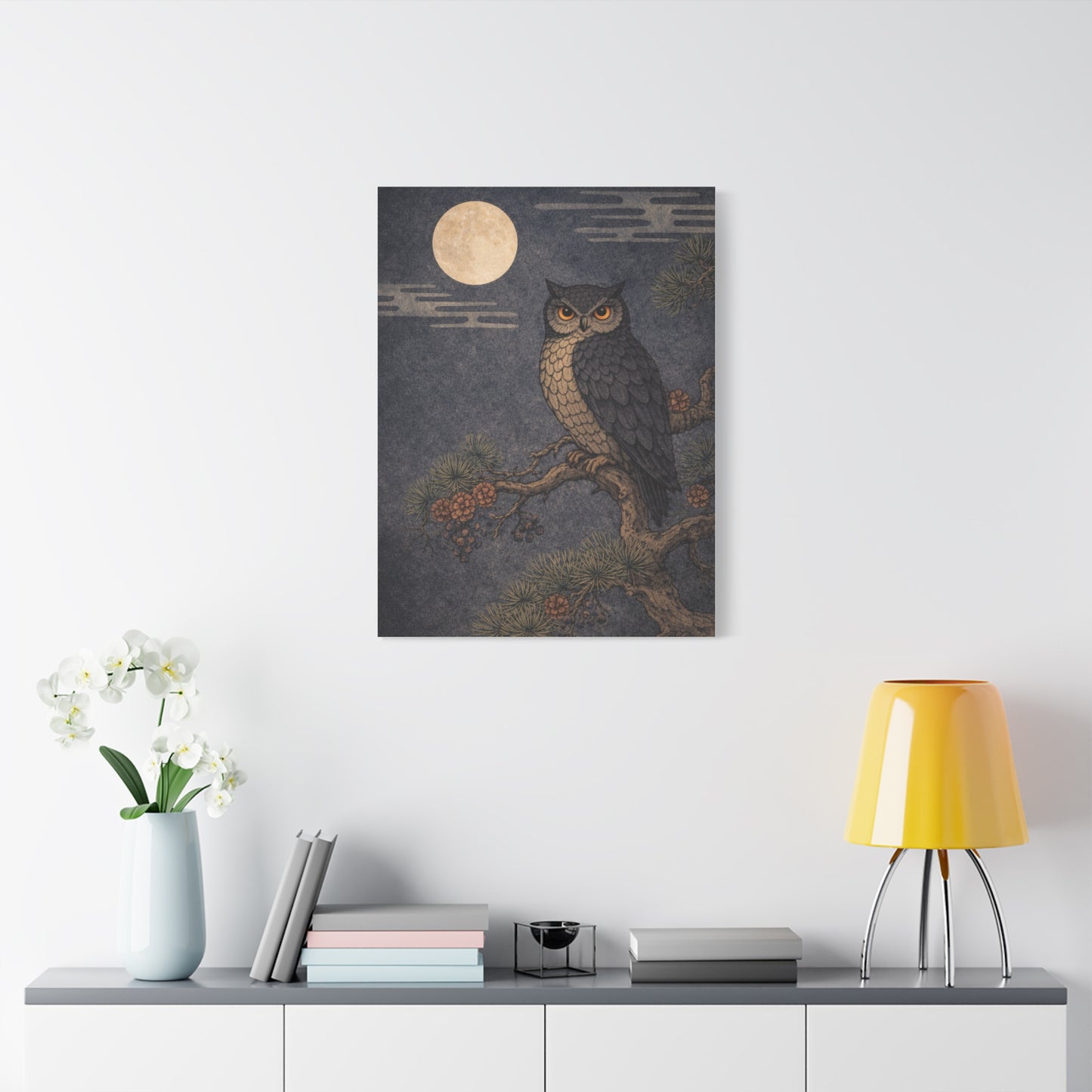 Nocturnal Pine Branch Owl Illustration Wall Art & Canvas Print
