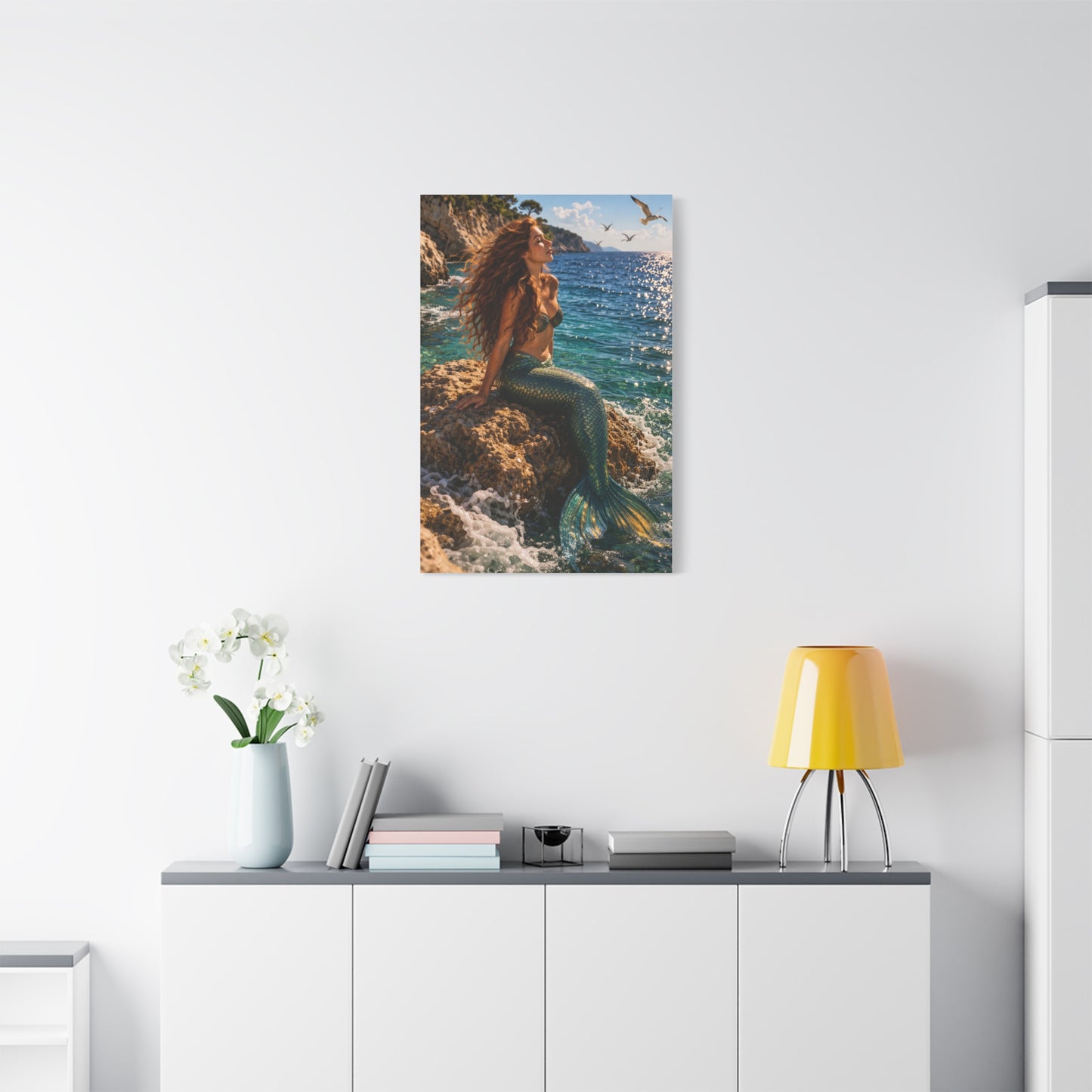 Sunlit Coastal Mermaid Escape Wall Art & Canvas Print
