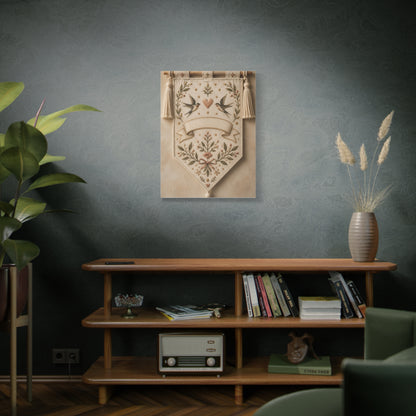 Hand-Embroidered Romantic Birds Textile Wall Art & Canvas Print