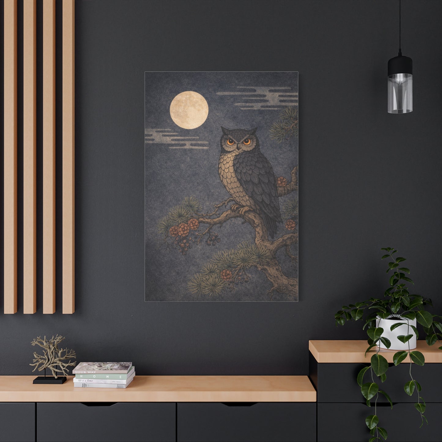 Nocturnal Pine Branch Owl Illustration Wall Art & Canvas Print