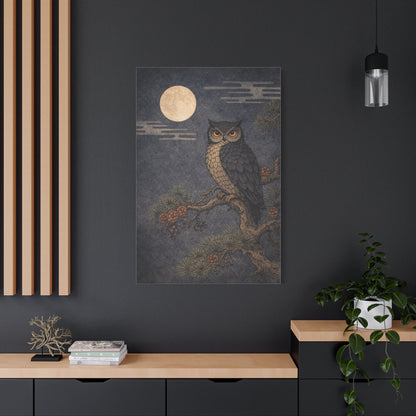 Nocturnal Pine Branch Owl Illustration Wall Art & Canvas Print