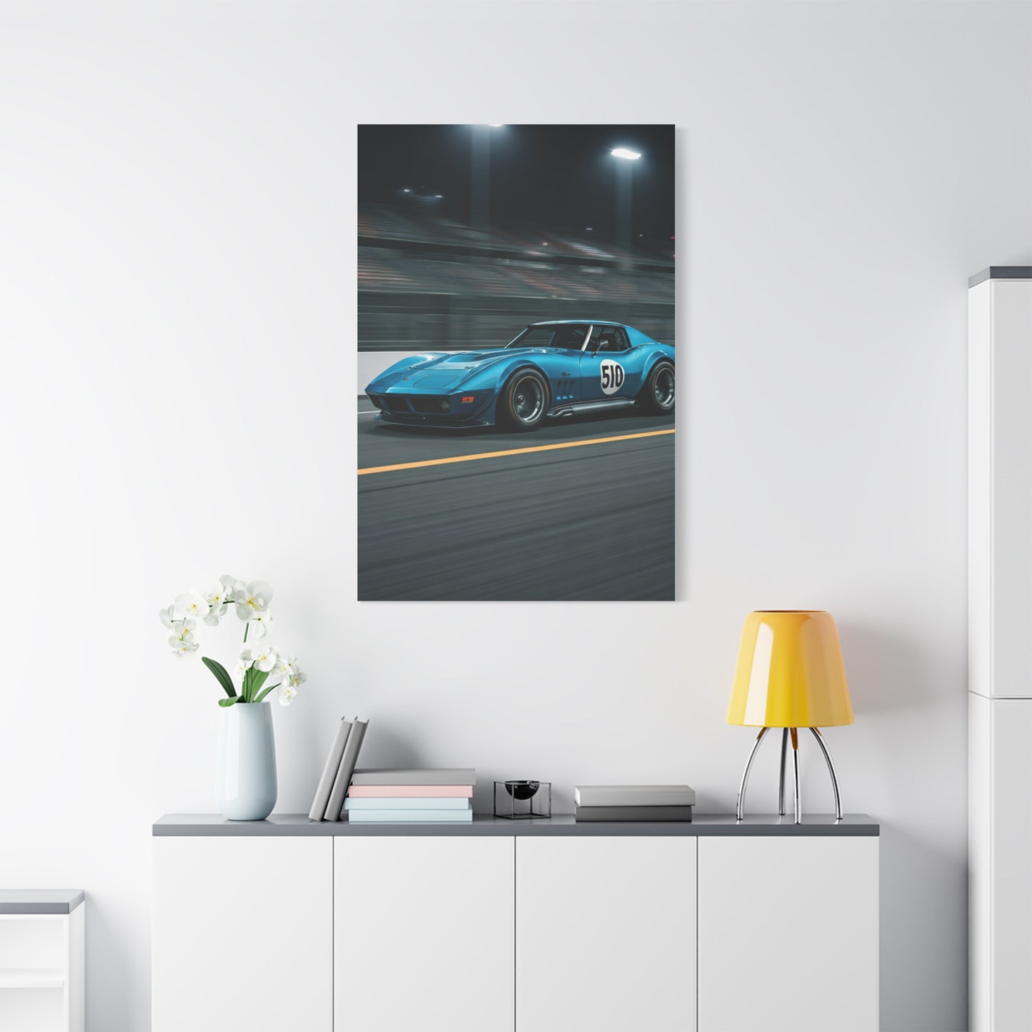 1970 Chevrolet Corvette C3 Pit Lane Under Lights Wall Art & Canvas Prints