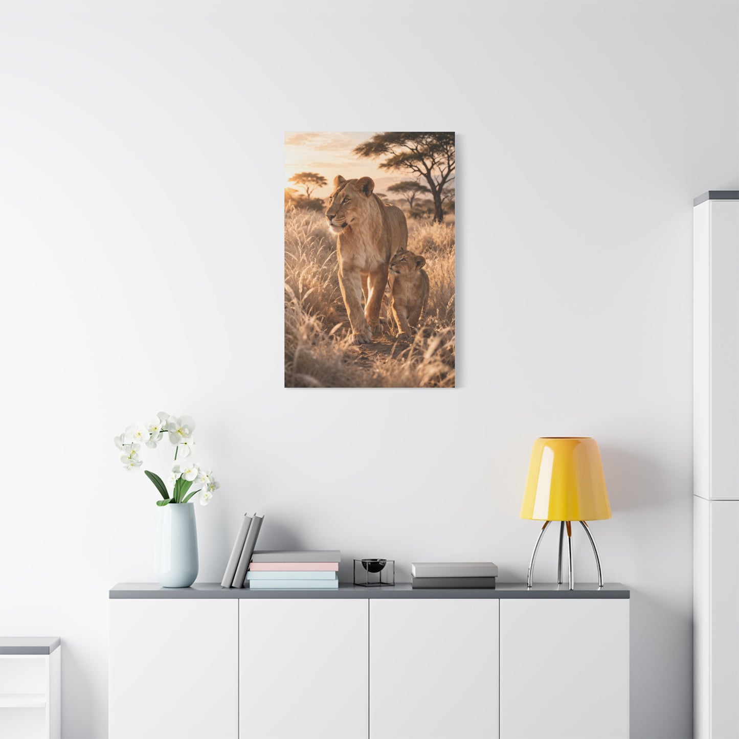 Lioness and Cub Golden Walk Wall Art & Canvas Print