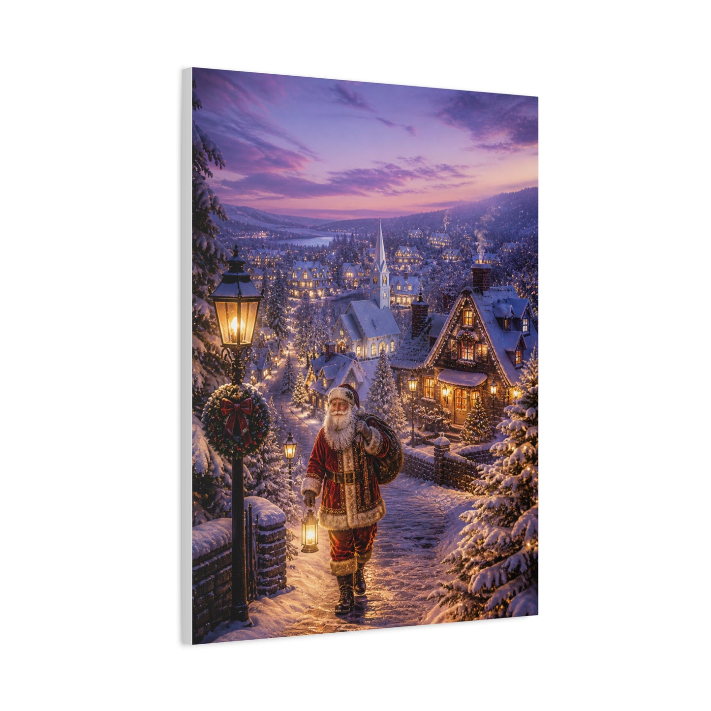 Snowy Village Santa Lantern Walk Wall Art & Canvas Print